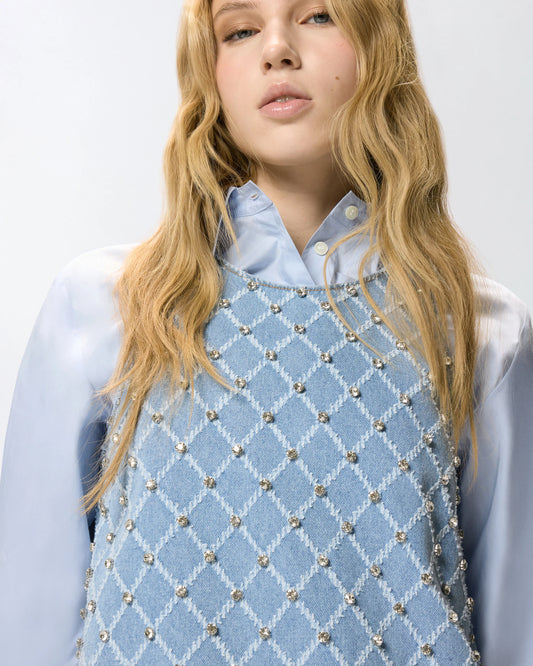 Pinko Abito corto in denim con disegno rombi e strass amorino