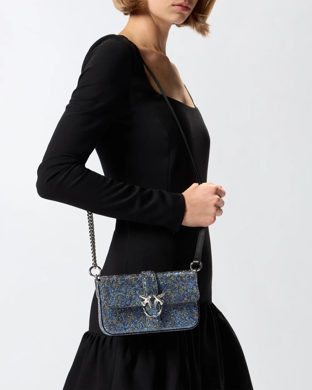 Pinko Borsa a spalla Baby Love Bag Slouchy in pelle full strass argento