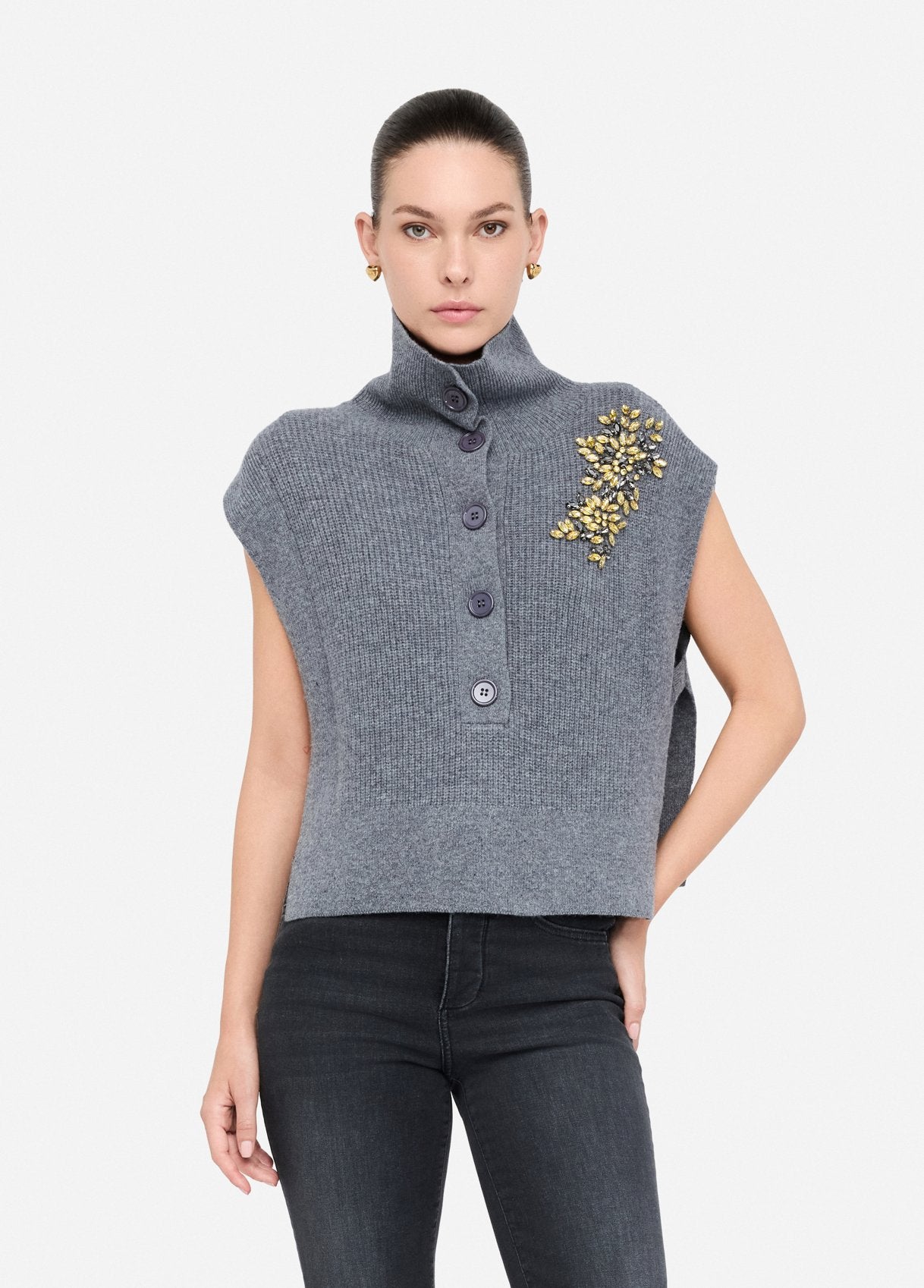 Liu Jo Gilet 100% lana con ricami gioiello grigio