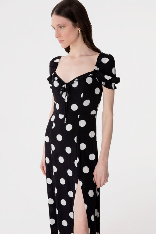 Nikita - Abito Midi A Mezza Manica Con Volant Sullo Scollo In Crepe • Pois Grande Nero Mar de Margaritas
