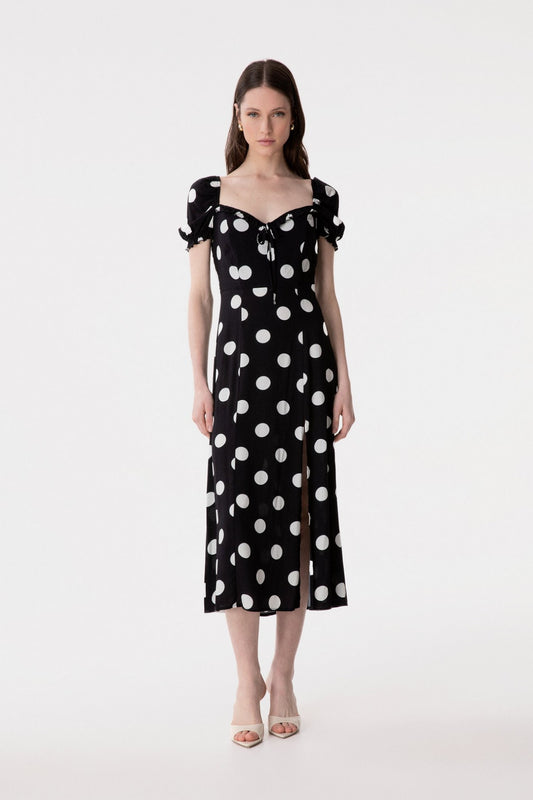 Nikita - Abito Midi A Mezza Manica Con Volant Sullo Scollo In Crepe • Pois Grande Nero Mar de Margaritas