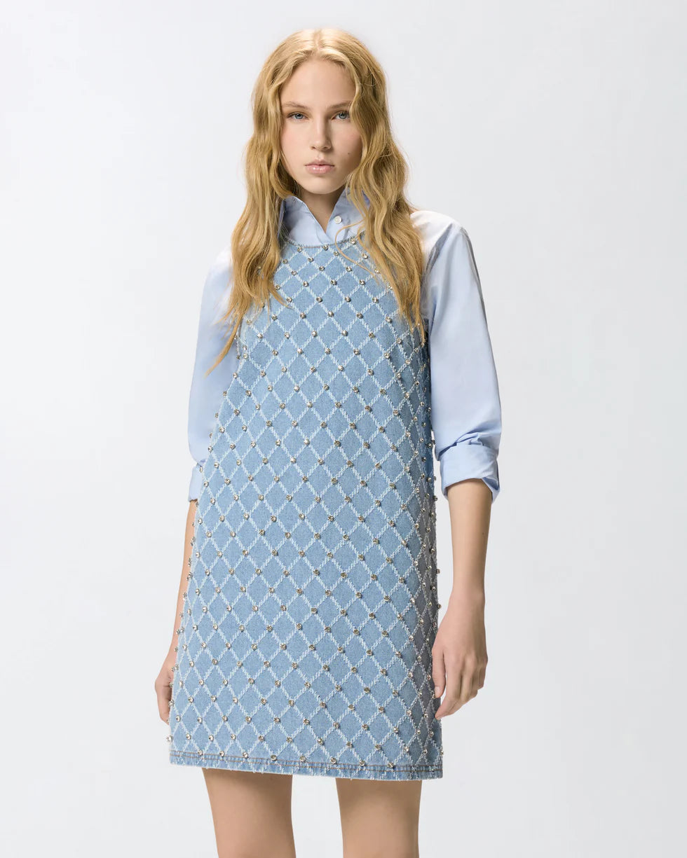 Pinko Abito corto in denim con disegno rombi e strass amorino