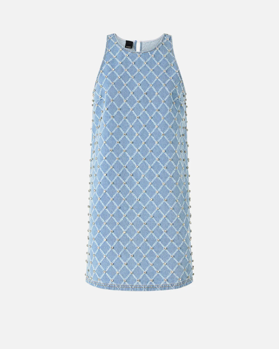 Pinko Abito corto in denim con disegno rombi e strass amorino