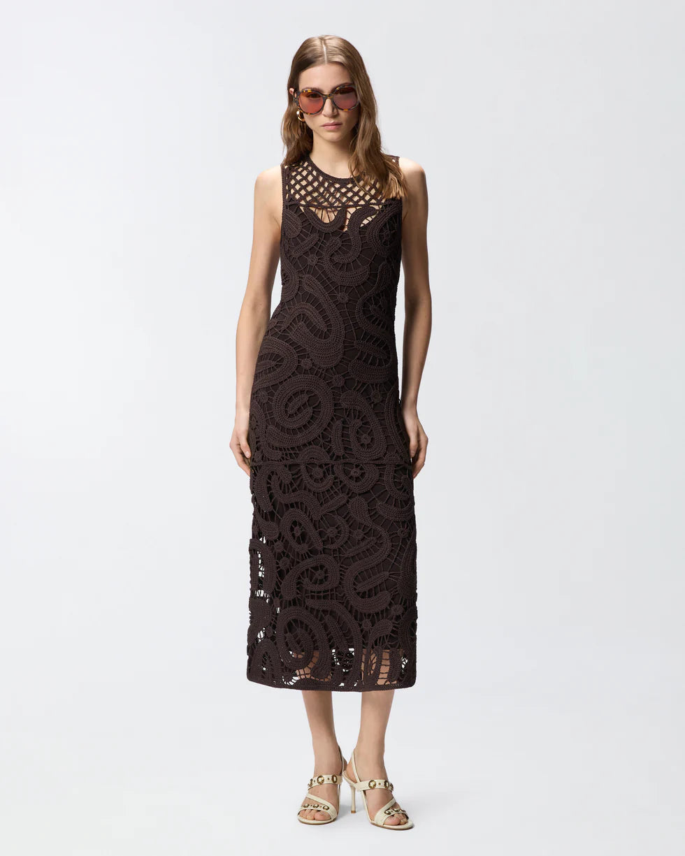 Pinko Abito midi senza maniche in crochet geometrico Bufera brown