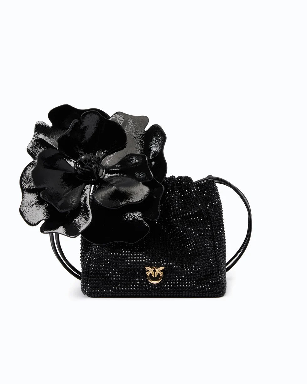 Pinko Borsa secchiello a spalla in tessuto full strass con fiore