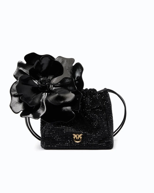 Pinko Borsa secchiello a spalla in tessuto full strass con fiore
