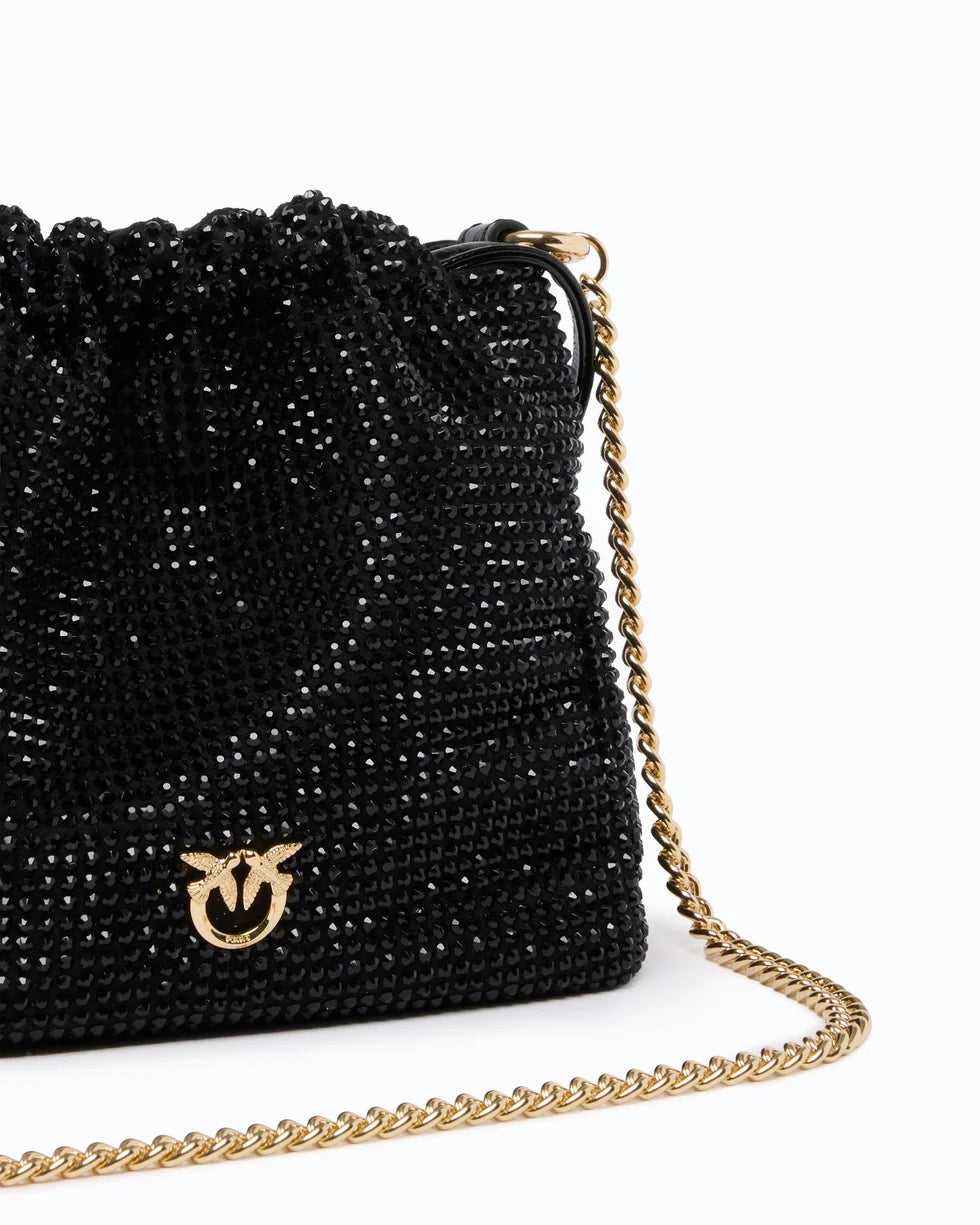 Pinko Borsa secchiello a spalla in tessuto full strass con fiore