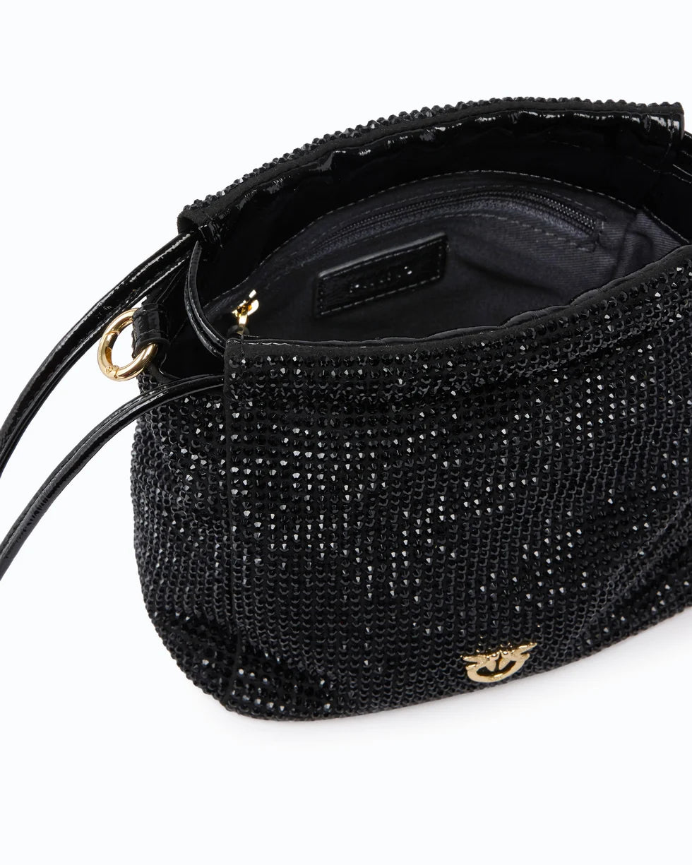 Pinko Borsa secchiello a spalla in tessuto full strass con fiore