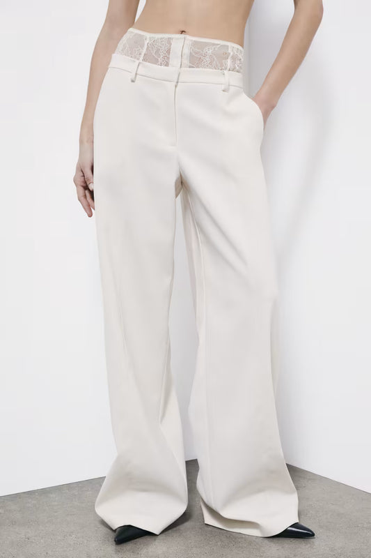 Patrizia Pepe Pantaloni palazzo con vita in pizzo Ivory