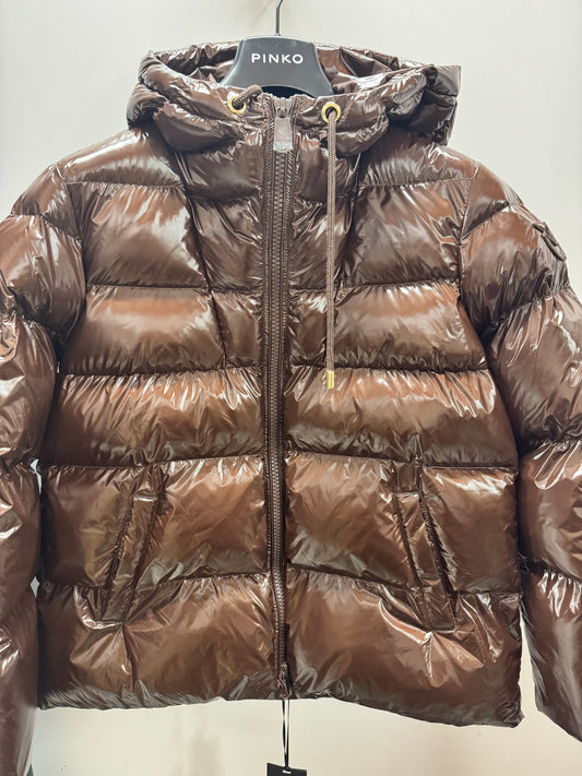 Pinko Piumino in crystal nylon con cappuccio Eleodoro Brown