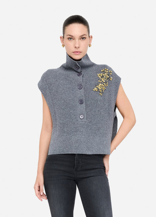 Liu Jo Gilet 100% lana con ricami gioiello grigio
