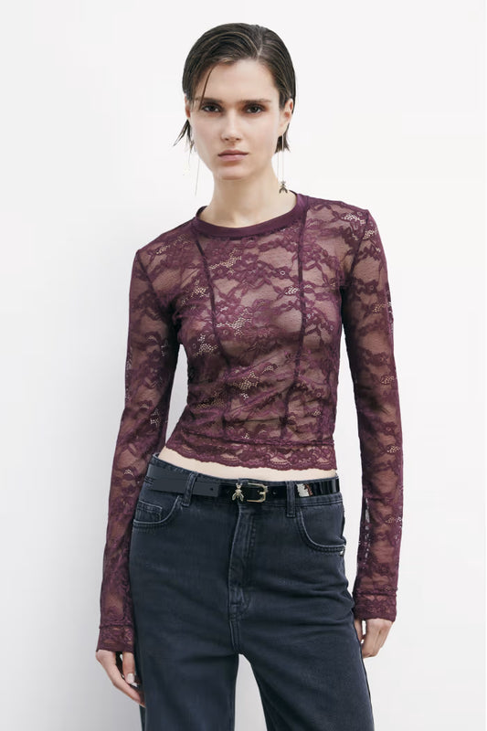 Patrizia Pepe Top a maniche lunghe in pizzo stretch Purple Red